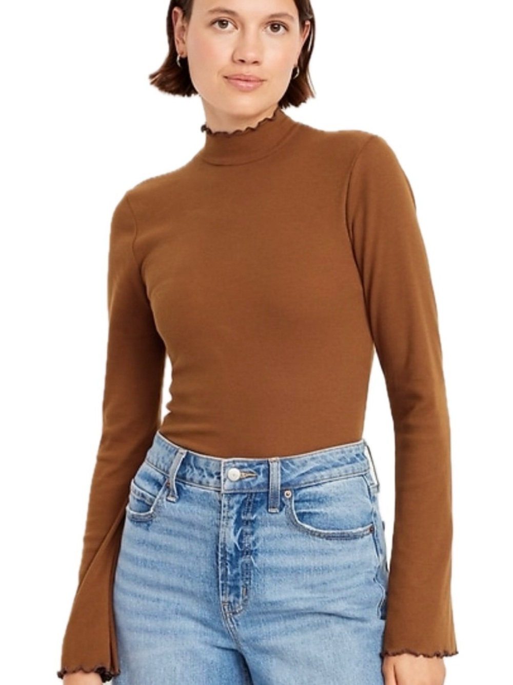 Old Navy Women's Chestnut Brown Ribbed Ruffle Mock Neck Long Sleeve Top XL